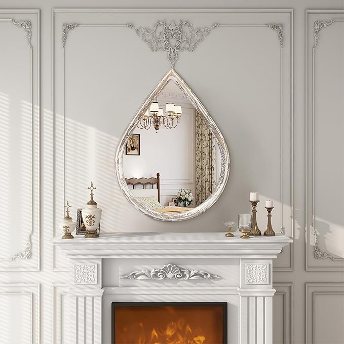 Farmhouse Wall Hanging Mirror Drop Shaped Mirror with Wood Framed Wall Mirror Vintage Decor for Bedroom Living Room Bathroom Entryway