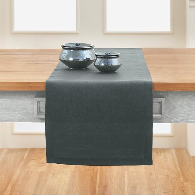 Solino Home Linen Table Runner 120 Inches Long - 100% Pure Linen Dark Grey Dining Table Runner 14 x 120 Inch for Winter - Fete