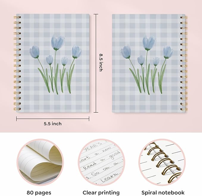 VONTP Blue Tulip Floral Spiral Notebook, Preppy Tulip Flower Aesthetic Journal, Blue Checkered Floral College Ruled Notebook Journal for Writing, 5.5x8.3