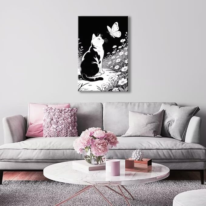 Cats Butterflies in Flowers Canvas Poster Vintage Minimalist Nature Wall Art Trendy Black White Aesthetic Painting Prints Modern Animal Home Decor for Bedroom Living Room 24x36inch Framed