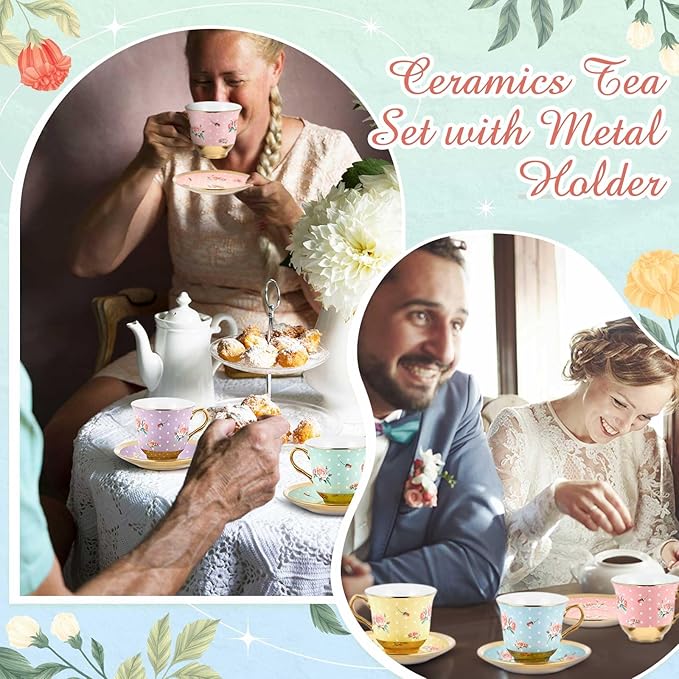 Set of 18 Tea Cups and Saucers Tea Party Decorations Floral Porcelain 5.4 oz British Gift for Women Birthday Party, Church, and Mother's Day (Vintage Style)