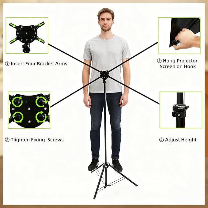 Projector Screen with Stand 80 Inch, 16:9, High Gain, Indoor Outdoor 4K HD PVC Projection Screen, Portable Wrinkle-Free Movie Screen, Easy Setup and Carrying for Home Theater