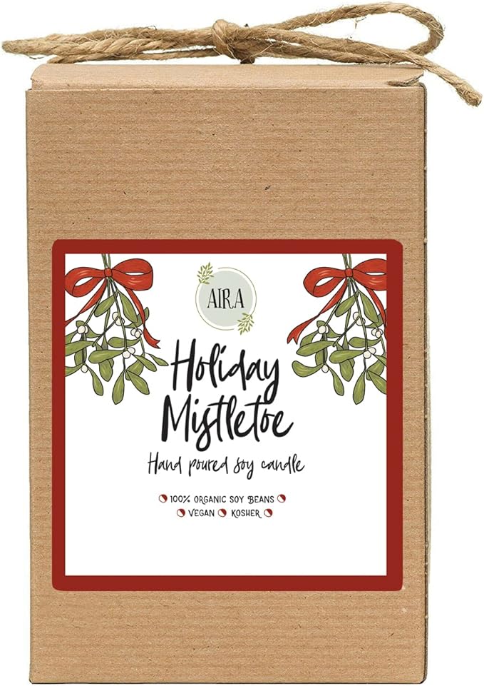 Aira Holiday Soy Candles - Organic, Kosher, Vegan, in Farmhouse Jar w/Essential Oil Blends - Hand-Poured 100% Soy Candle Wax - Paraffin Free, 150+ Hours - Holiday Mistletoe Christmas Candle -20 Ounce