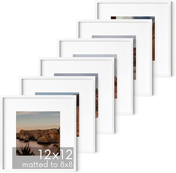 HAUS AND HUES 12x12 White Aluminum Frame Set of 6 - Matted to 8x8, Hanging Hardware, Shatterproof Plexiglass (12x12 in, White)
