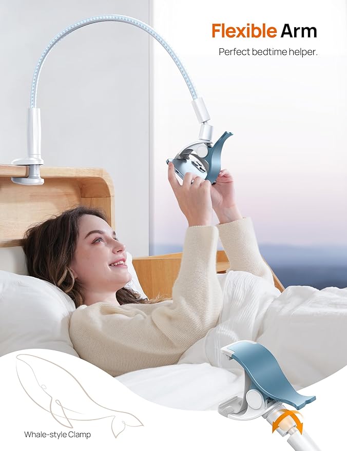 Aomiker Gooseneck Phone Holder for Bed - [Upgrade Nylon Braid] 38” Flexible Lazy Arm Clip, 360 Adjustable Overhead Phone Mount for iPhone 16 15 14 13 12 11 Pro Max Mini Plus, 4-7" Cellphone - White