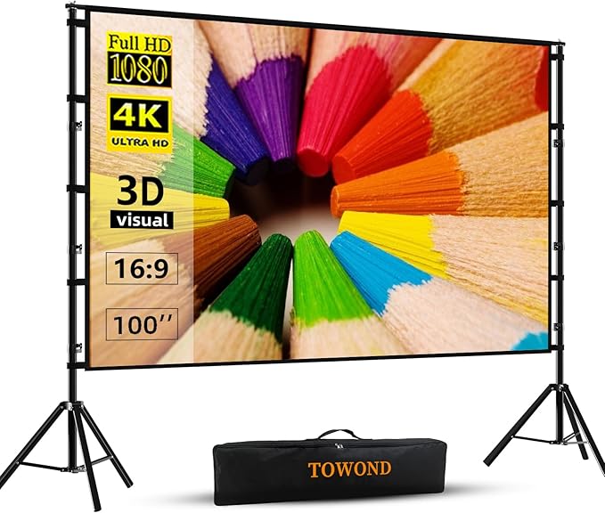TOWOND Projector Screen and Stand, 100 inch Projection Screen Outdoor Indoor, Portable 16:9 4K HD Rear Front Movie Screen with Carry Bag Wrinkle-Free Design for Home Theater Backyard Cinema