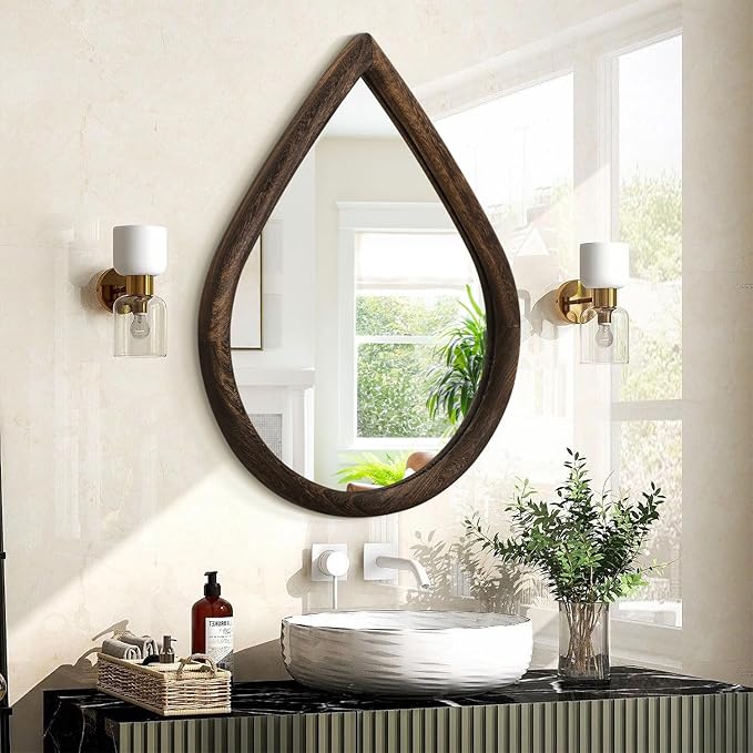 Wood Frame Mirrors for Wall Rustic Retro Hanging Mirrors Drop Shaped Wall Decor Mirror Wall Mounted Irregular Bathroom Bedroom Mirror 16x20 Inches