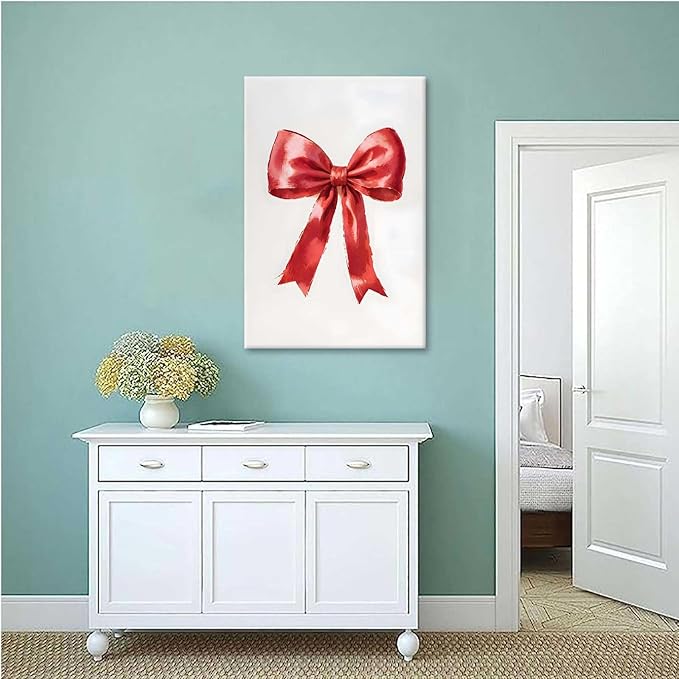 Canvas Wall Art Vintage Red Christmas Bow Wall Art Winter Home Decor Red Bow Print Holiday Christmas Decor 32x48in-UnFramed