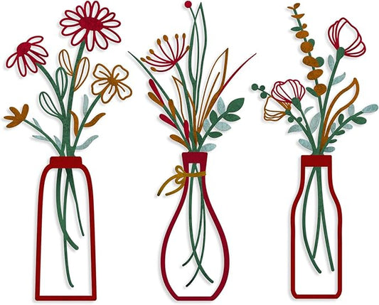 3 Pieces Metal Vase Flowers Wall Arts - Rustic Farmhouse Style Décor Metal Wall Art Black Minimalist Flower Natural Themed Wall Decors for Home Bedroom Dining Room Housewarming (Red, Vase-C)