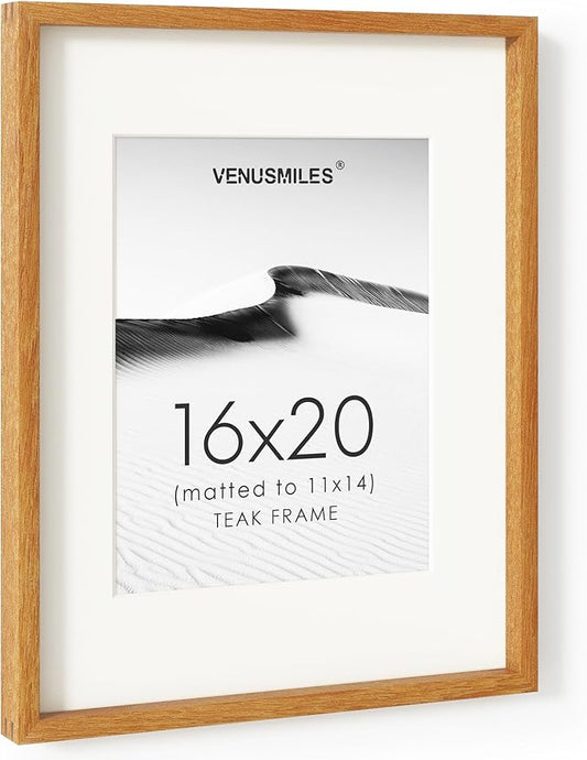 16 x 20 Picture Frame, USA-Sourced Natural Teak Wood Photo Collage Frame with HD Tempered Glass, Modern Simple 16x20 Wooden Frame Matted to 11x14, Vertical & Horizontal Wall Hanging Display
