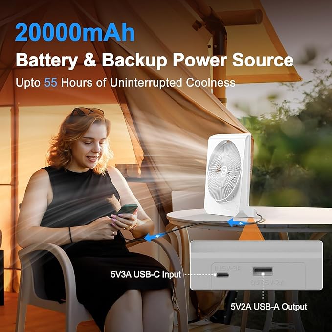 PANERGY 20000mAh Rechargeable Battery Powered Fan - 10" Square Box Fan with 55H Runtime, 4 Speeds & Timer, 270° Pivot, Cordless & Portable for Home, Patio, Camping, Travel, Power Outages (No Remote)