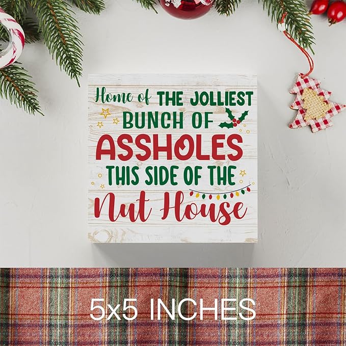 National Lampoon's Christmas Vacation Decor Home of the Jolliest Wood Box Sign, Farmhouse Christmas Santa Artwork Decor, Wood Square Sign Desk Block Signs Home Shelf Office Decoration 5 x 5 Inches