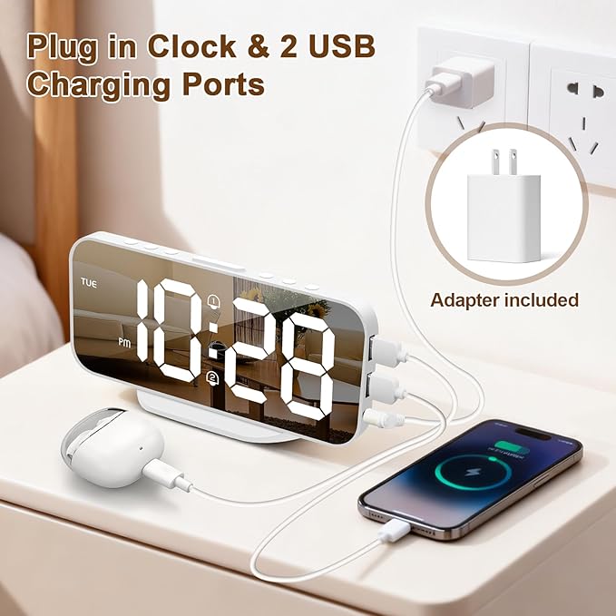 ALANAS Digital Alarm Clock for Bedrooms, Dual Alarms with Snooze, Big LED Mirror Display, 4-Level Dimmer & 2 USB Ports, Plug in Clocks, Aesthetic Modern Desk Clock for Home Office, Gift