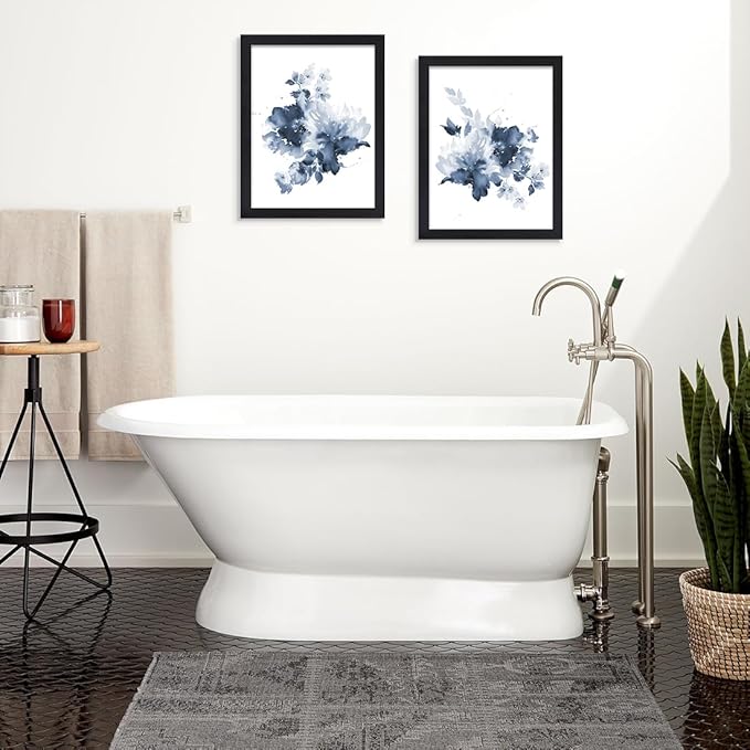 JOWOROLO Framed Blue Flower Wall Art Modern Abstract Floral Painting Wall Decor Watercolor Flowers Poster on Canvas Prints 2 Panels Botanical Artwork for Bedroom Bathroom Living Room 12x16inch