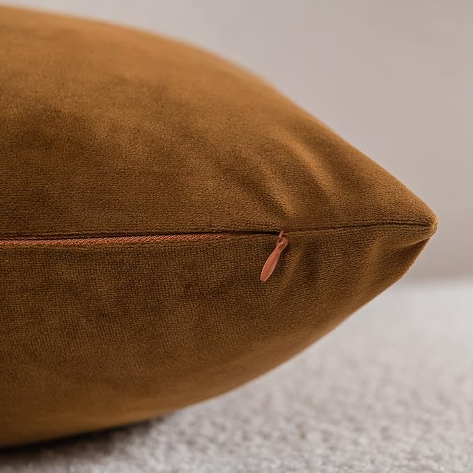 Throw Pillow Cases 16x16 Golden Brown: 2 Pack Cozy Soft Velvet Square Decorative Pillow Covers for Farmhouse Home Decor
