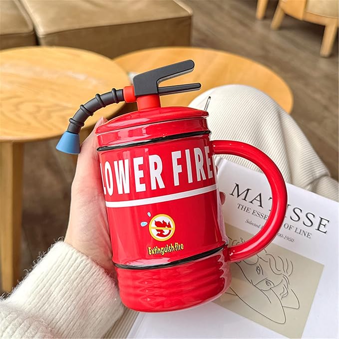 Coffee Mug Cups Ceramic Tea Cup Fire Extinguisher Shaped Handmade Cute Mugs With Lid Spoon Handle Office Home Hot Ice Chocolate Milk Mugs Gifts Microwave Dishwasher Safe Travel Mugs (Red)
