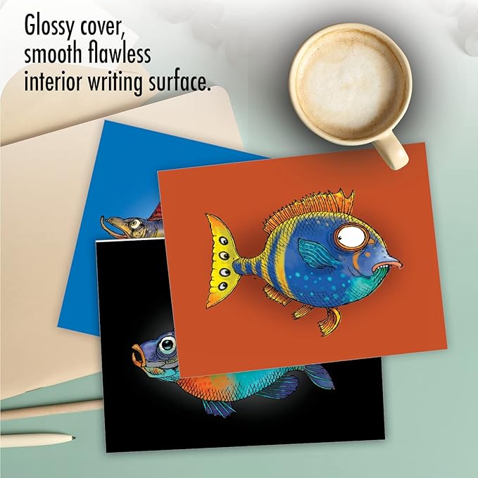 The Best Card Company - 10 All Occasion Blank Cards for Men and Women (4 x 5.12 Inch) - Nautical, Ocean, Sea Life Assortment of Notecards - Fishtoons M6491OCB