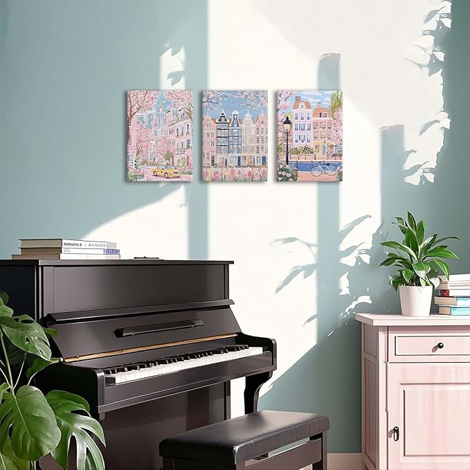 XLARTMY Watercolor City Landscape Travel Wall Art Canvas Framed Pink Cherry Flower Poster Girly Prints Painting Pictures Set of 3 for Bedroom Living Room Office 12x16in