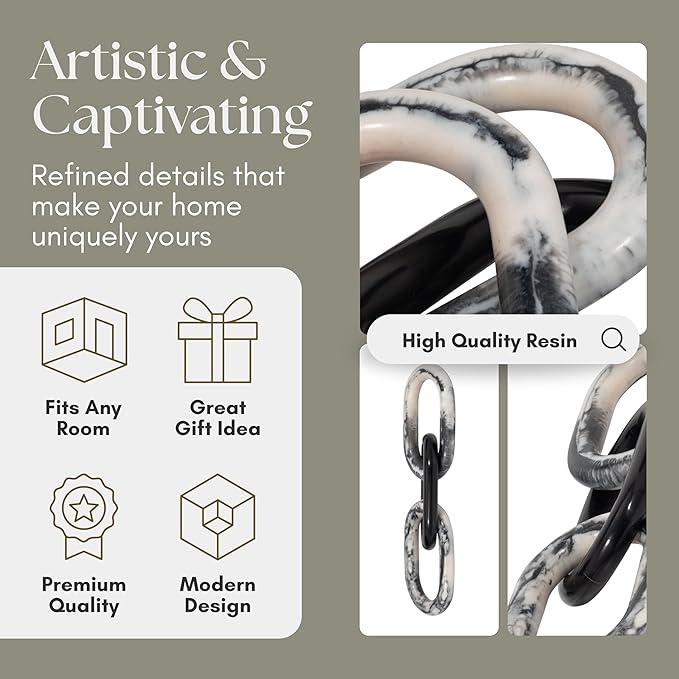 NESS AND JORD Desta Link Chain Decorative Object with Marbled Finish – Modern Home Decor Accent – Artistic Shelf Styling & Coffee Table Decor for Office & Living Room – 21", Black