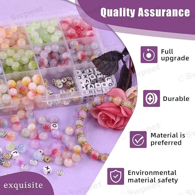 Swpeet 681Pcs 12 Colors 8mm Glass Jade Beads Bracelet Making Kit Includes Glass Beads, Pendants, Charms, Spacer Beads, Elastic Strings Scissors for DIY Beading Necklace Beginners Girls' Birthday Gift