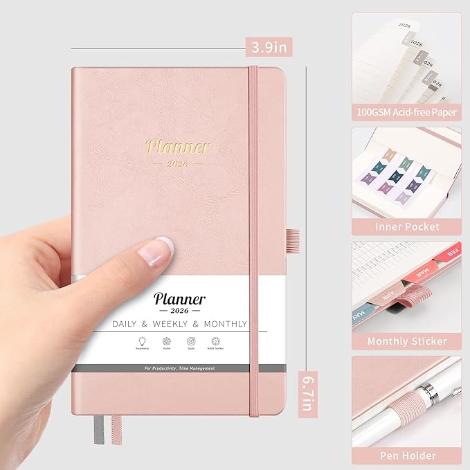 AHGXG Small Pocket Planner 2026-2027, Weekly and Monthly Calendar Planner, 15 Months, JAN 2026 - MAR 2027, Mini Size, Hardcover, Inside Pocket, For Women Men School Home Office Supplies, 3.9''X 6.7'' - Pink