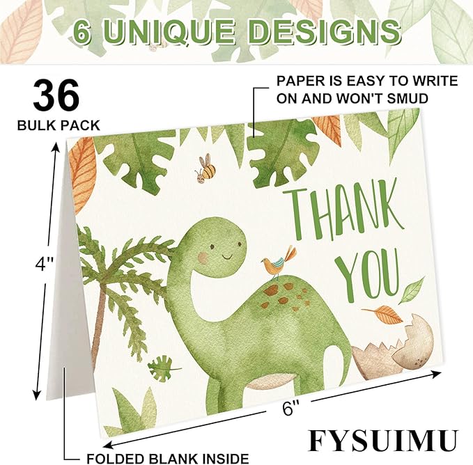 36 Pack Dinosaur Thank You Cards Cute Greeting Cards with Envelopes Stickers Blank Note Cards for Birthday Baby Shower, 4 x 6 Inch