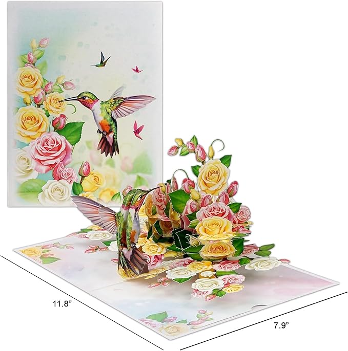 Greeting Card Green Hummingbird with Roses 3D Pop-Up Cards Handmade Birthday Flower Gift for Women, Mom, Wife, Men 6x8 Inches Aniversary Wedding Christmas Gifts Floral Thank you Envelope