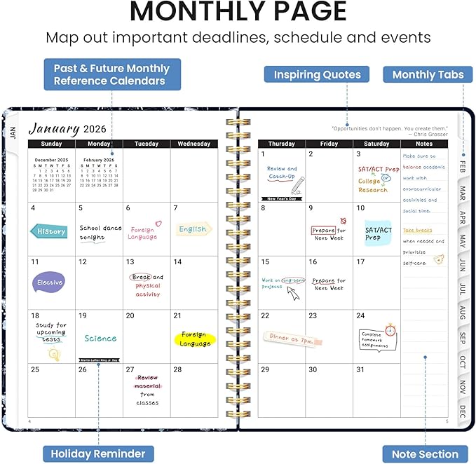 2026 Planner, Weekly and Monthly Calendar Planner for Women, Jan 2026 - Dec 2026, Hardcover Planning Agenda book with Tabs, Spiral Bound, Inner Pocket, Perfect for School Office Supplies, 6.3" x 8.5" - Moonlight Butterflies