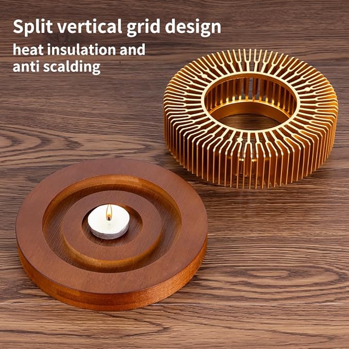 Teapot Warmer, Aluminum Tea Warmer with Wooden Base, Candle Heater for Heating Tea, Coffee, Milk, Food,Camping and Traveling, Universal Teapot Heater (Large-with Wooden Base)
