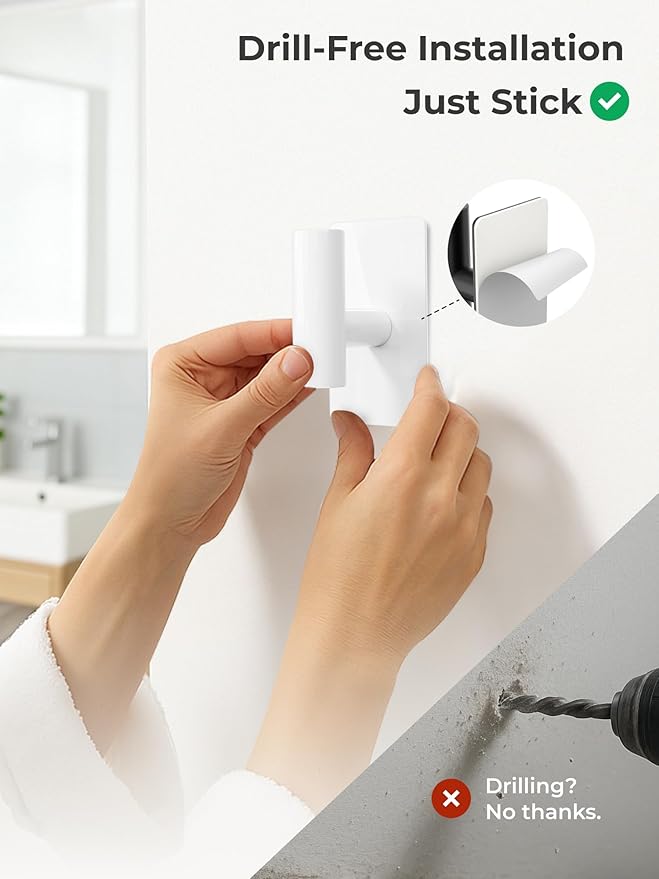 Towel Hooks for Bathrooms – 4 Pack, Smooth White Finish, T-Shaped Stainless Steel Adhesive Wall Hooks for Robes & Towels in Kitchen, Shower, or Closet