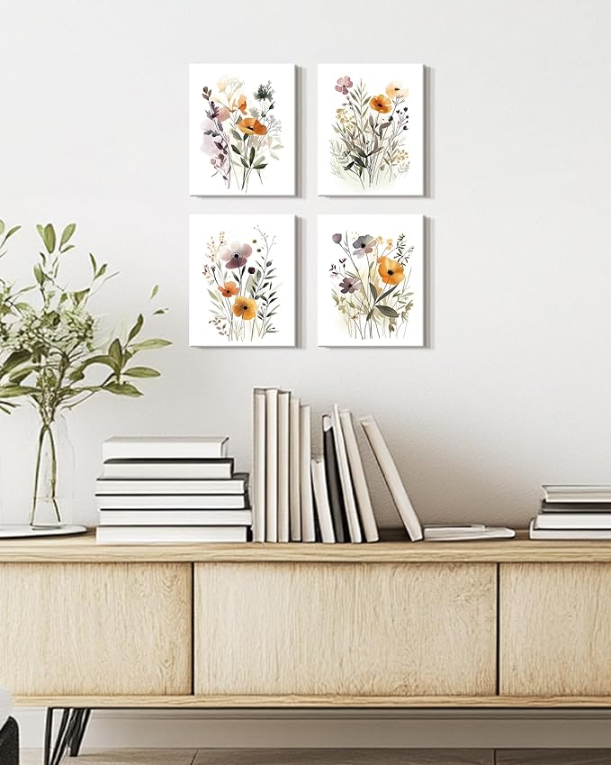 Drsoum Wildflower Bouquet Boho Framed Wall Art Wooded Minimalist Aesthetic Botanical Flower Prints Modern Plants Bathroom Kitchen Home Decor Ready to Hang 8x10inx4pcs (Framed)