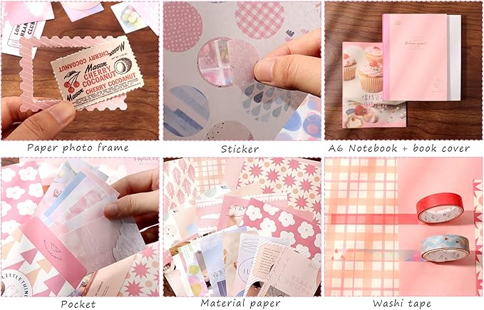 Draupnir Pink Cute Kawaii Aesthetic Scrapbook Kit(348pcs), Bullet Junk Journal Kit with Journaling/Scrapbooking Supplies, Stationery,A6 Grid Notebook with Graph Ruled Pages DIY Gift for Teen Girl