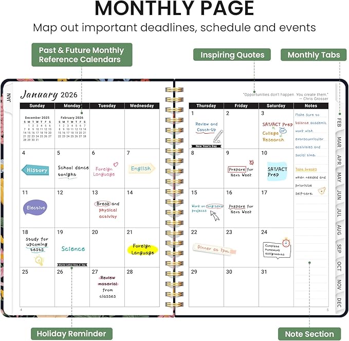 2026 Planner, Weekly and Monthly Calendar Planner for Women, Jan 2026 - Dec 2026, Hardcover Planning Agenda book with Tabs, Spiral Bound, Inner Pocket, Perfect for School Office Supplies, 6.3" x 8.5" - Garden Bird