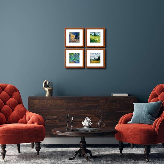 8x8 Picture Frame Set of 4 Made of Solid Wood Photo Frame with Real Glass for Pictures 5x5 with Mat or 8x8 Without Mat,Wall Gallery or Tabletop display Picture Frames,Brown