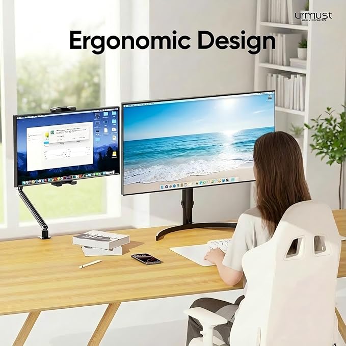 Urmust Portable Monitor Stand 15.6", iPad Stand for Desk, Portable Monitor Holder up to 18.5" Holds, Adjustable Desktop Tablet Arm Mount, Apple iPad Holder for Desk, for 4.7"-12.9" i Pad Pro/Air/Mini