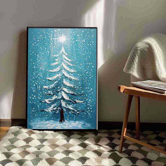 Framed Canvas Wall Art Blue Christmas Tree Print Merry Christmas Wall Decor Holiday Nature Gift Holiday Poster 8x12in Metal blackFramed