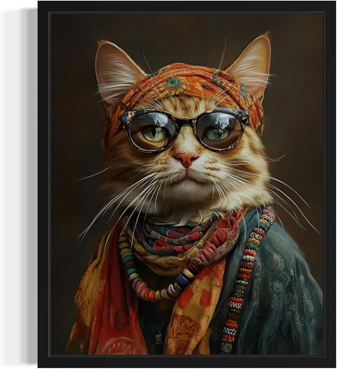 Hippie Art Poster Print, Cat Kitten Painting Humor Portrait Pet Artwork Decor Gallery A8 (Hippie Portrait, 16 x 20 inches, Black Frame)