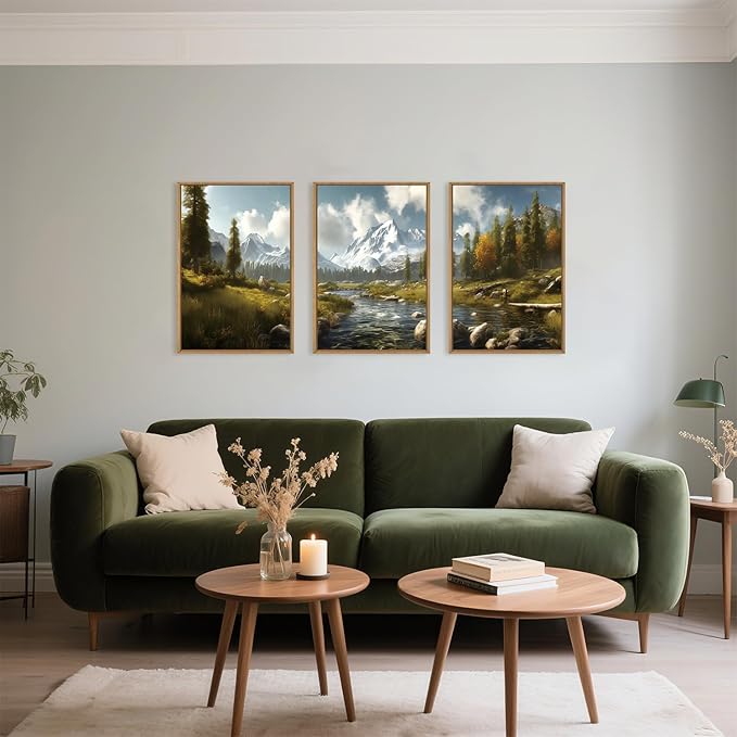Large Watercolor Snow Mountain Framed Canvas Wall Art,Modern River Grassland Wall Decor,Natural Green Forest Artwork,Neutral Wood Landscape Art Print for Living Room,Bedroom,Office- 24"x36"x3