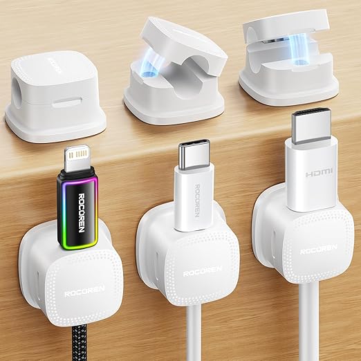 6-Pack Magnetic Cable Clips Cord Organizer-Cable Smooth Adjustable, Rocoren Desk Cable Management Accessories,Cable Holder Clips Wire Holder Keeper for Desktop,Nightstand,Home Office,Workspace,Phone