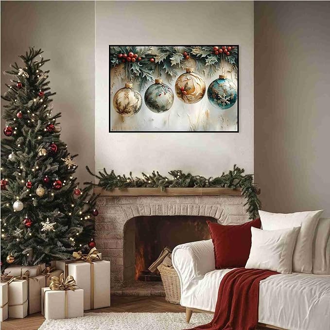 Christmas Ornament Balls Holiday Ball Decor Festive Print Vintage Christmas Canvas Wall Art Hanging Poster Vintage Holiday Print Indoor Decor for Home Offices Living Room Bedroom Framed Ready to Hang