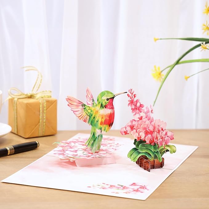 Pop Up Birthday Cards Hummingbird Orchid Flower, 3D Mother's day Card for Women, Mom, Wife, Daughter, Her, Sister, Girlfriend, Grandma, Ideal Gift for Valentines , Thank You, Anniversary, Get Wel