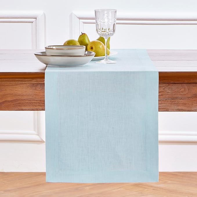 Solino Home Linen Table Runner 90 Inches Long - 100% Pure Linen Ice Water Dining Table Runner 14 x 90 Inch for Spring, Easter - Fete
