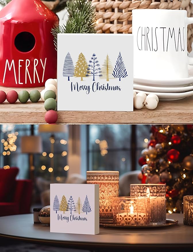 Navy Blue Gold Christmas Tree Wooden Box Sign, Christmas Signs for Home Decor, Minimalist Xmas Tree Wood Signs for Home Office Desk Shelf Tabletop Decor, 5x5 Inch Decorative Signage