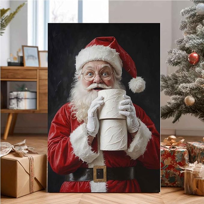Santa Claus Canvas Print Santa with Toilet Paper Humorous Holiday Poster Holiday Evergreen Art Rural Art print Christmas Bathroom Canvas Painting Indoor Decor for Home Bathroom Living Room Funny