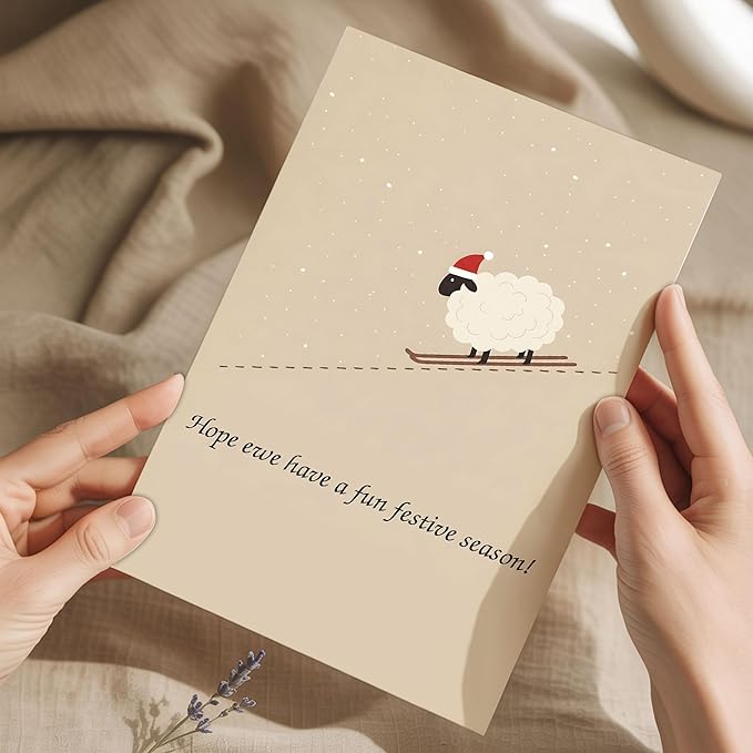 (5.3x8in) Hope Ewe Have a Fun Festive Season Card with Envelope, Cute Sheep Christmas Pun Design, Funny Holiday Greeting for Friends, Family, Coworkers, and Animal Lovers (Xmas 32)