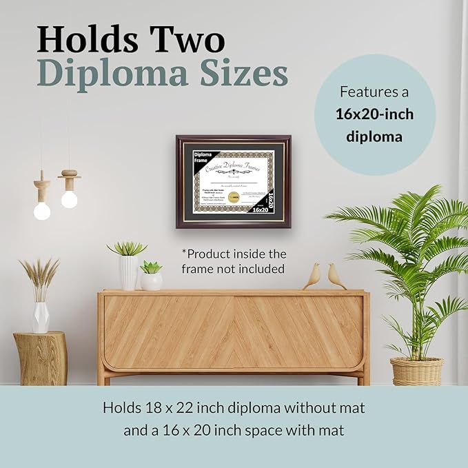 Creative Picture Frames 16x20 Classic Black Diploma Frame with Black Mat Glass and Installed Wall Hangers | Frame Holds 18x22 Media without Mat