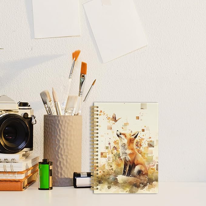 Fox Journal Notebook - Vintage Butterfly Floral Aesthetic Notebooks College Ruled for Work School, Fox Themed Gifts for Women, Office Supplies, Hardcover Spiral Notebook 5.5"x8.3"