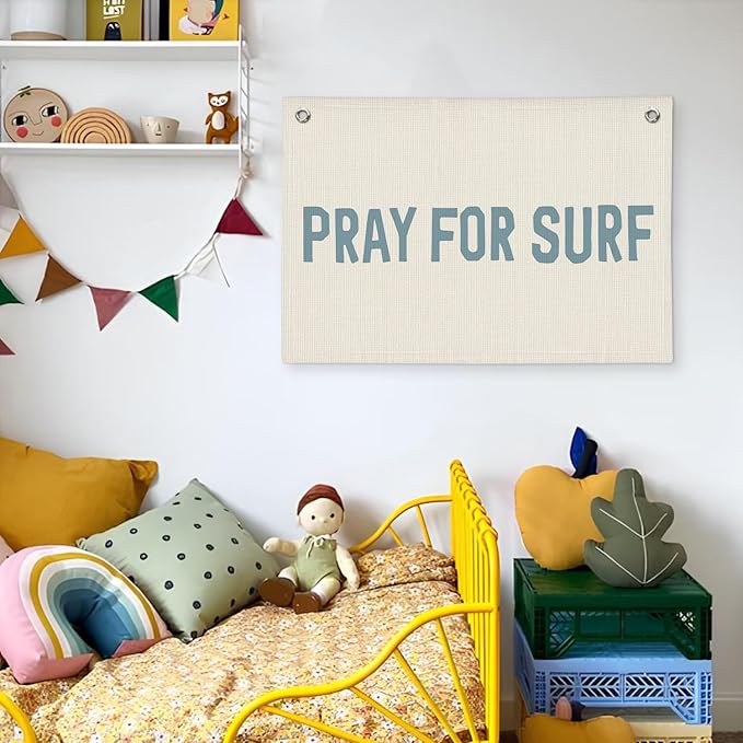 Surf Decor, Coastal Beach Room Decor Aesthetic, Linen Banner Wall Hanging Canvas Banner Flag Decor for Coastal Surfer Room Bedroom Beach - Blue