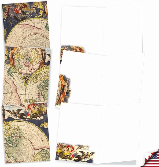 The Best Card Company - 10 Assorted Blank All Occasions Notecards Box Set 4 x 5.12 Inch w/Envelopes Vintage Art Map for Men, Women, Variety Pack (10 Designs, 1 Each) - Topographics M2341OCB