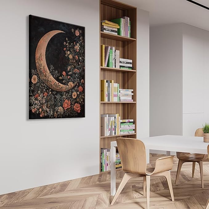 Crescent Moon Floral Canvas Poster Modern Trendy Lunar Wall Art Vintage Dark Celestial Painting Prints Whimsical Botanical Aesthetic Home Decor for Bedroom Living Room 12x16inch Framed